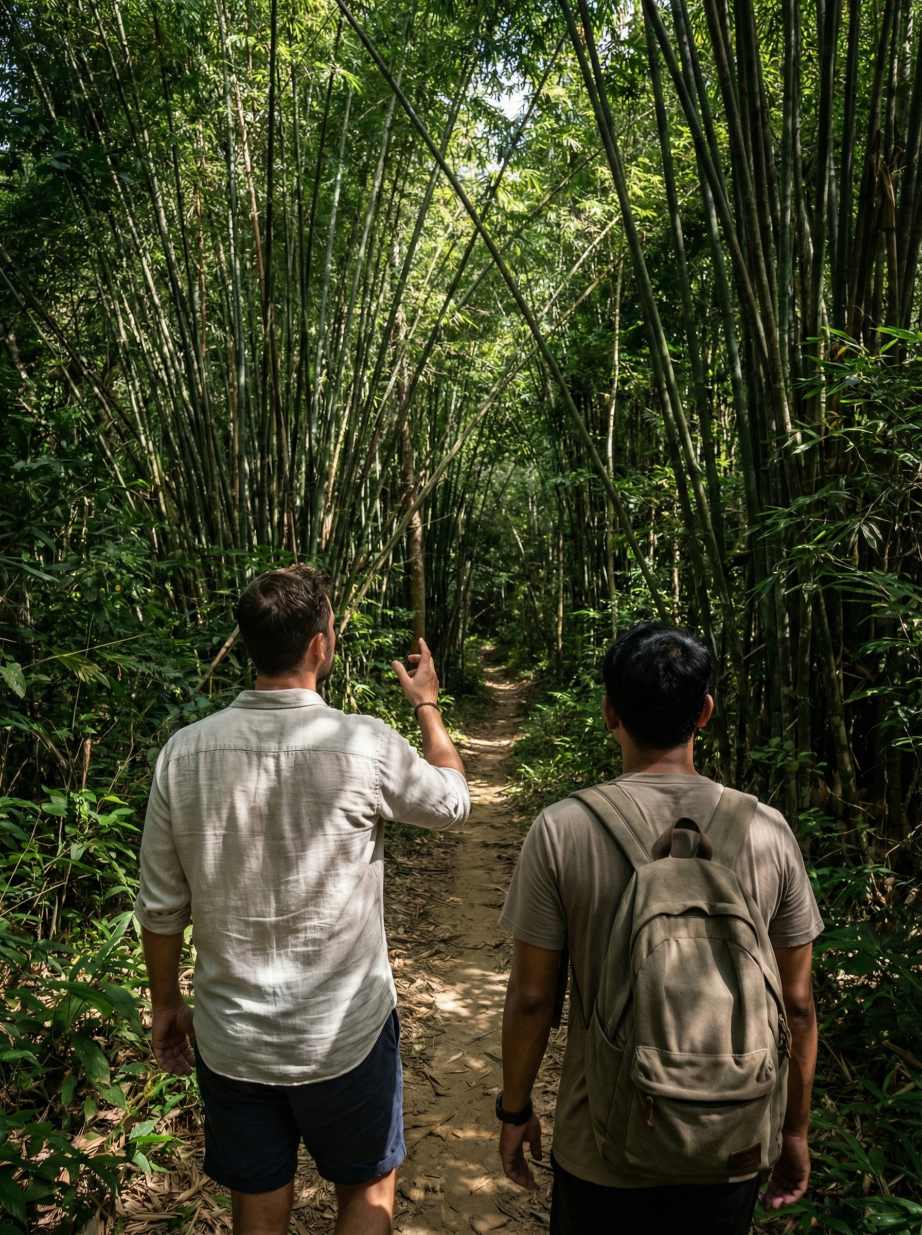 Two people walking through towering bamboo forest
